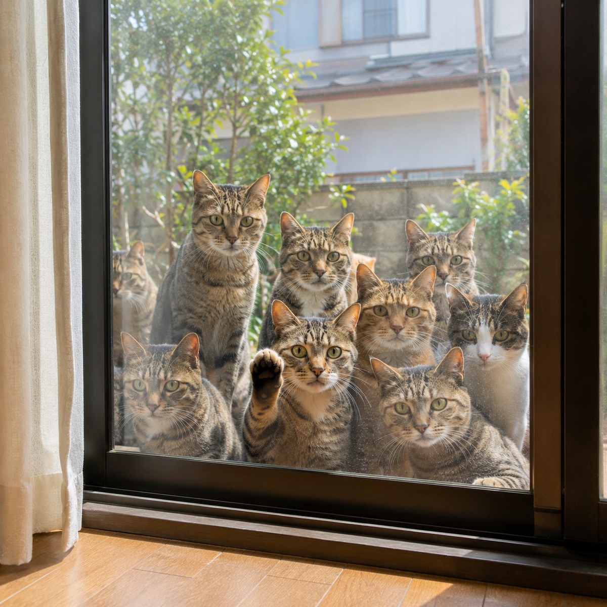 窓の外からたくさんの猫がのぞくイメージ