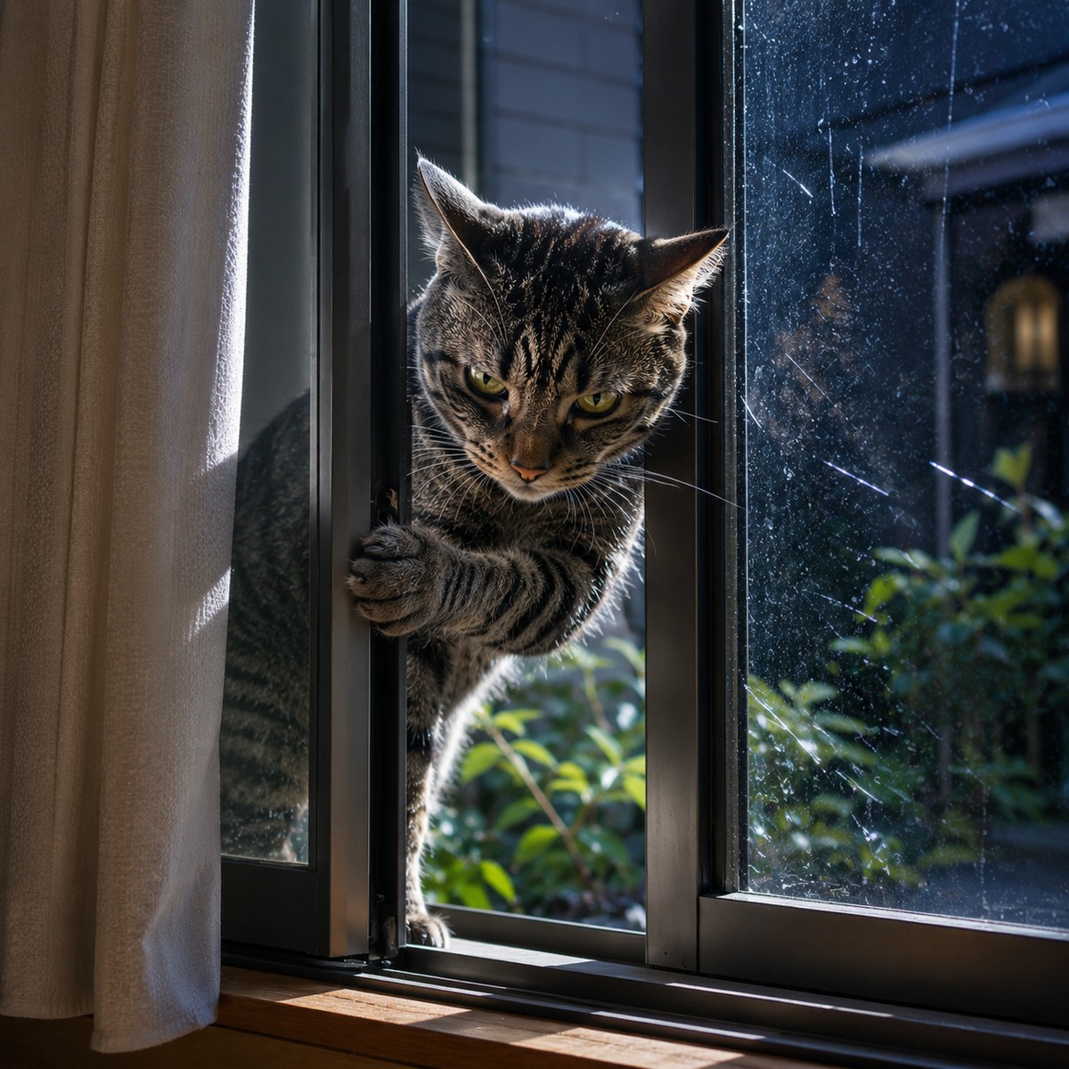 窓から侵入しようとする猫のイメージ