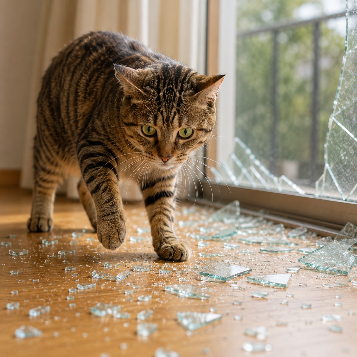 飛び散ったガラスで歩きづらい猫のイメージ